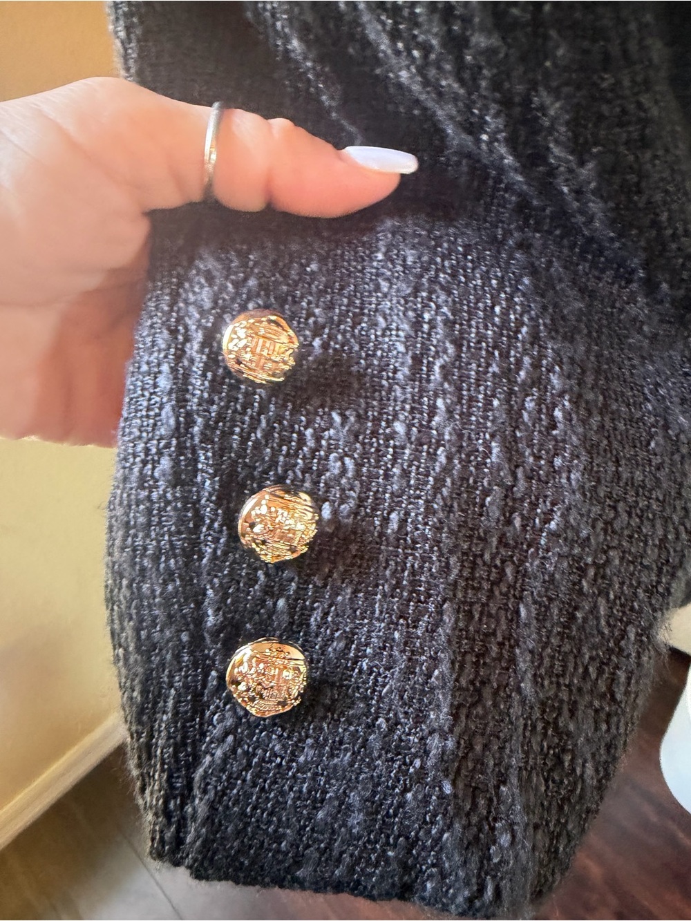Bloomingdale's Area Stars Black Tweed Double-Breasted Blazer with Gold Buttons - Picture 3 of 12